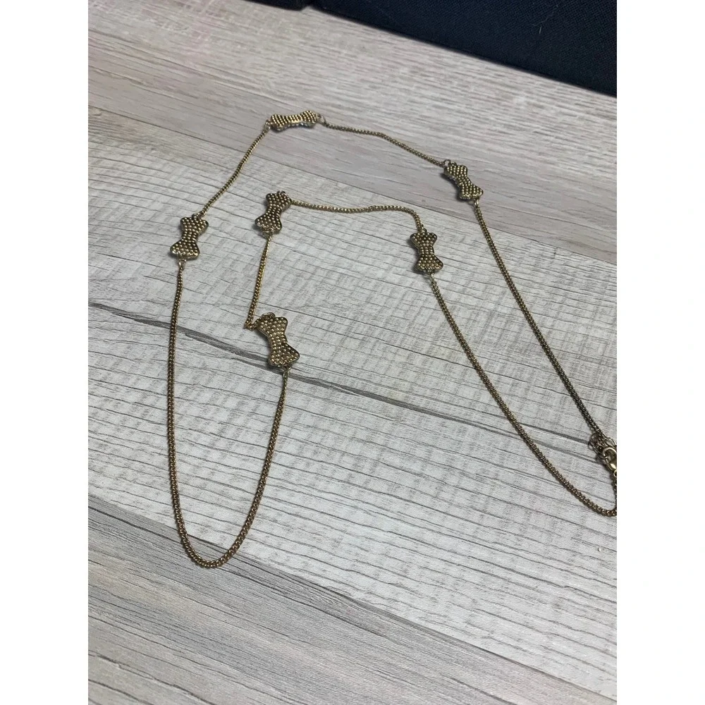 Gold Tone Rhinestone Bow Station Long Opera Chain Necklace 36 Inch 3466